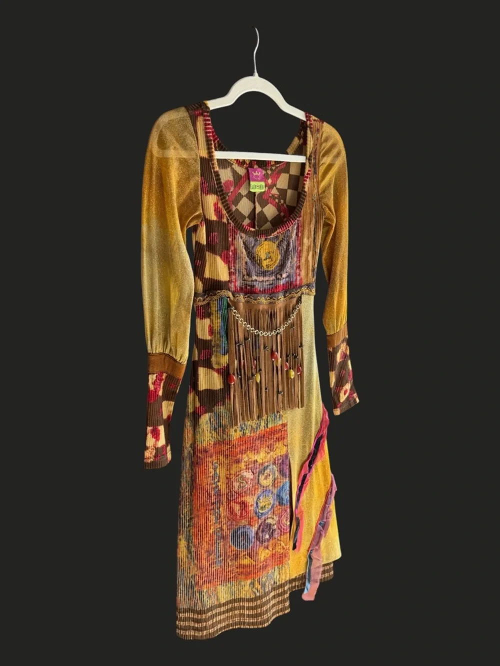 VTG Y2K SAVE THE QUEEN Mesh Midi Dress Fringe Beads RARE S - Picture 5 of 16